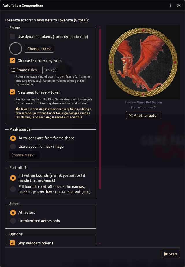 The Auto Token window, with frame rules on and a new seed for every token