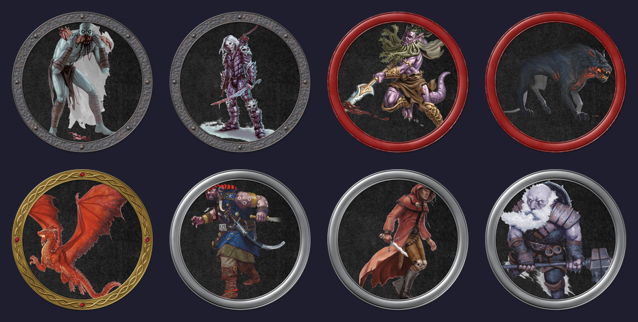 Auto Token tokenizes eight monsters: undead in forged iron, fiends in red lacquer, the dragon in etched gold and everyone else in silver