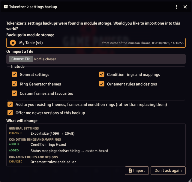 Importing settings