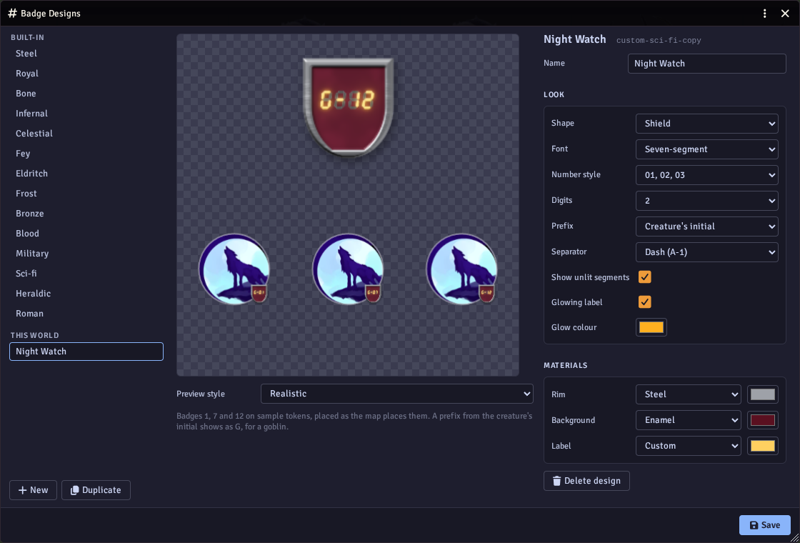 The Badge Designs editor