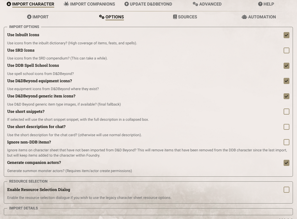 Character Import Options