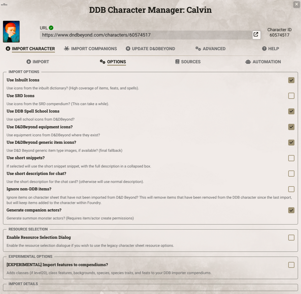 Character Import Options