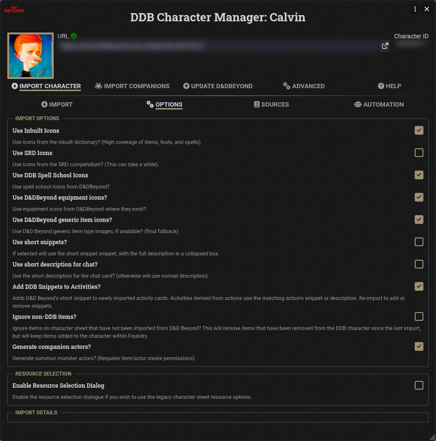 Character Import Options