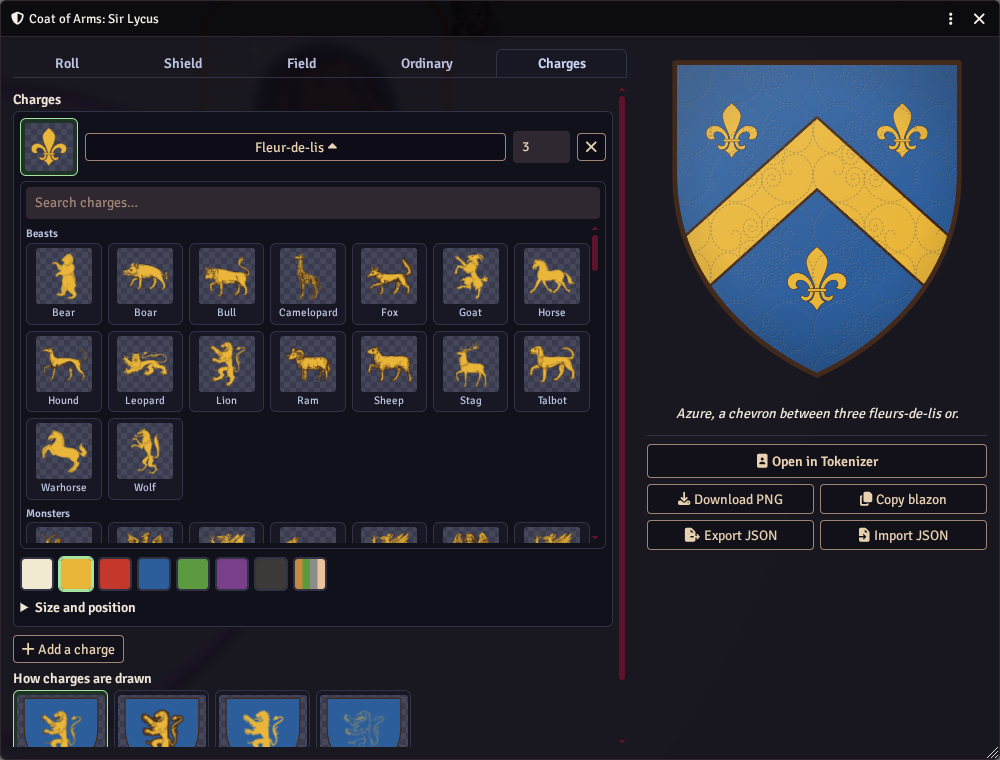 The Charges tab, with the charge gallery open