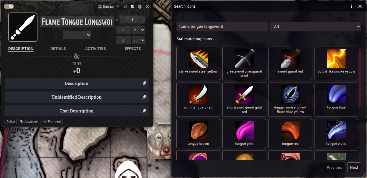 Shift-clicking the image of Flame Tongue Longsword