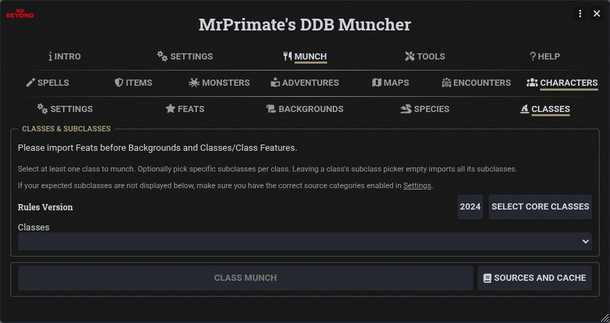 Character Class Munch Tab