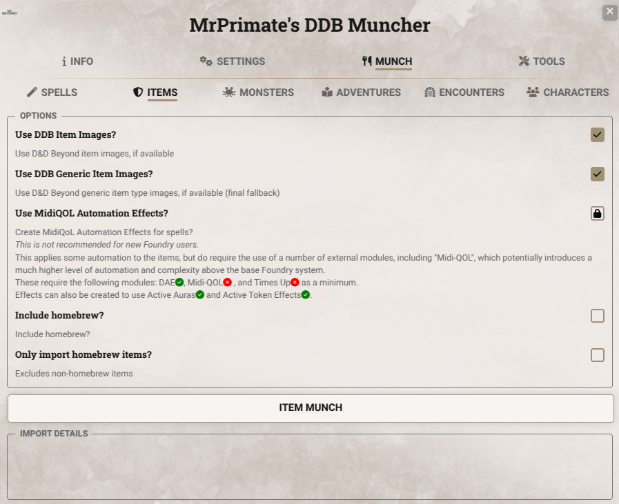 Item Muncher Settings