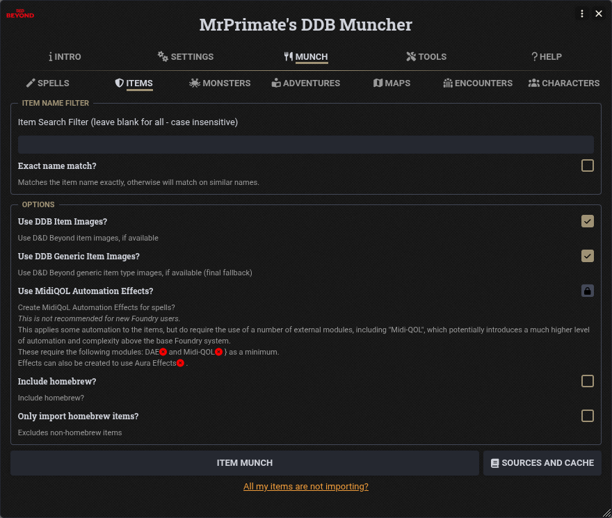 Item Muncher Settings