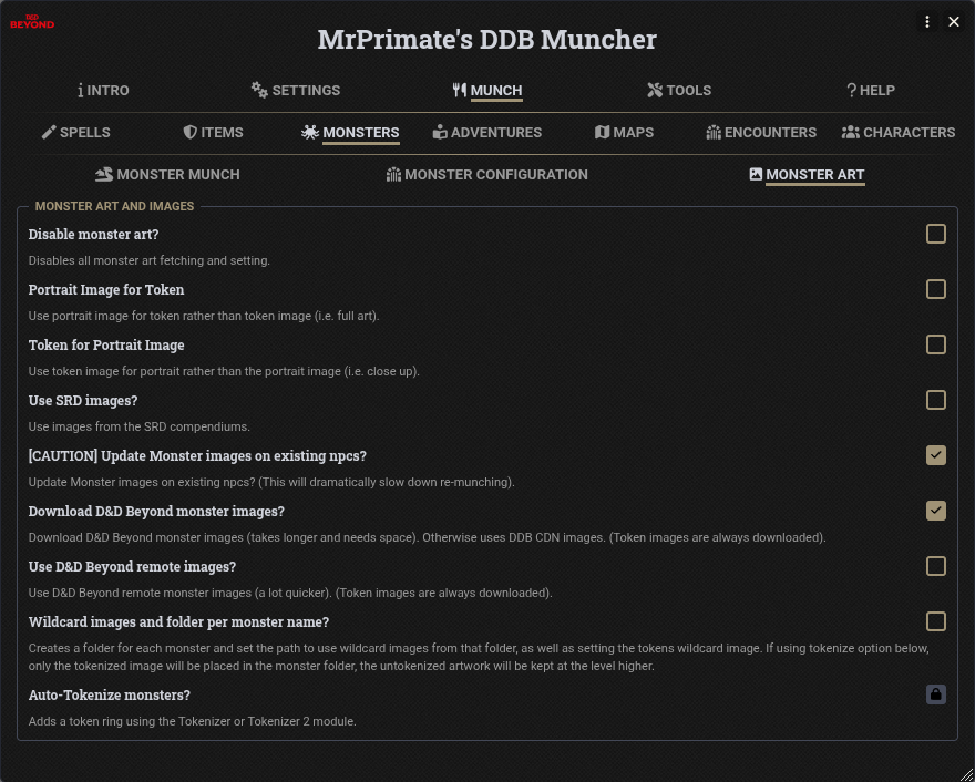 Monster Art Settings