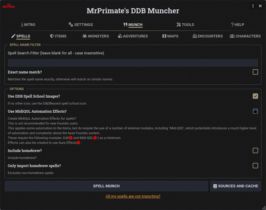 Spell Munch Settings