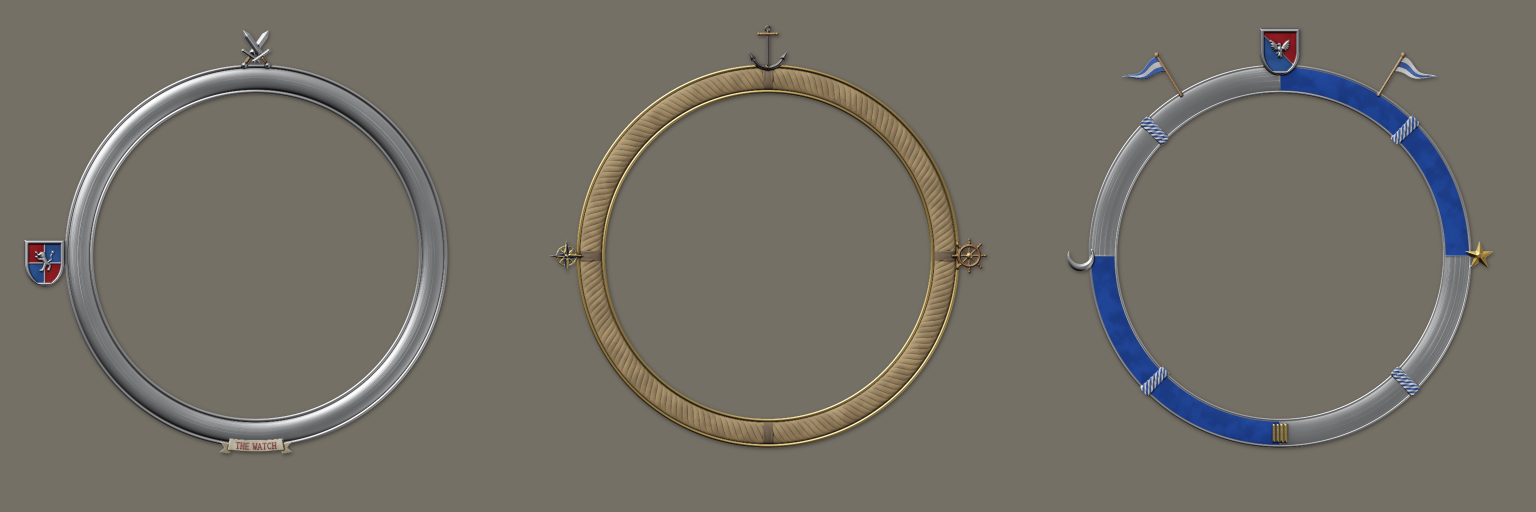Emblems, shields, a scroll banner and tally marks
