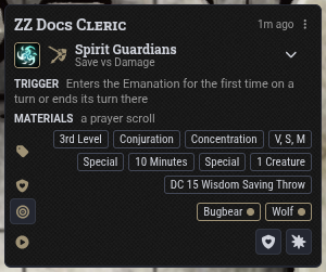 A grouped Save vs Damage chat card targeting the Bugbear and the Wolf