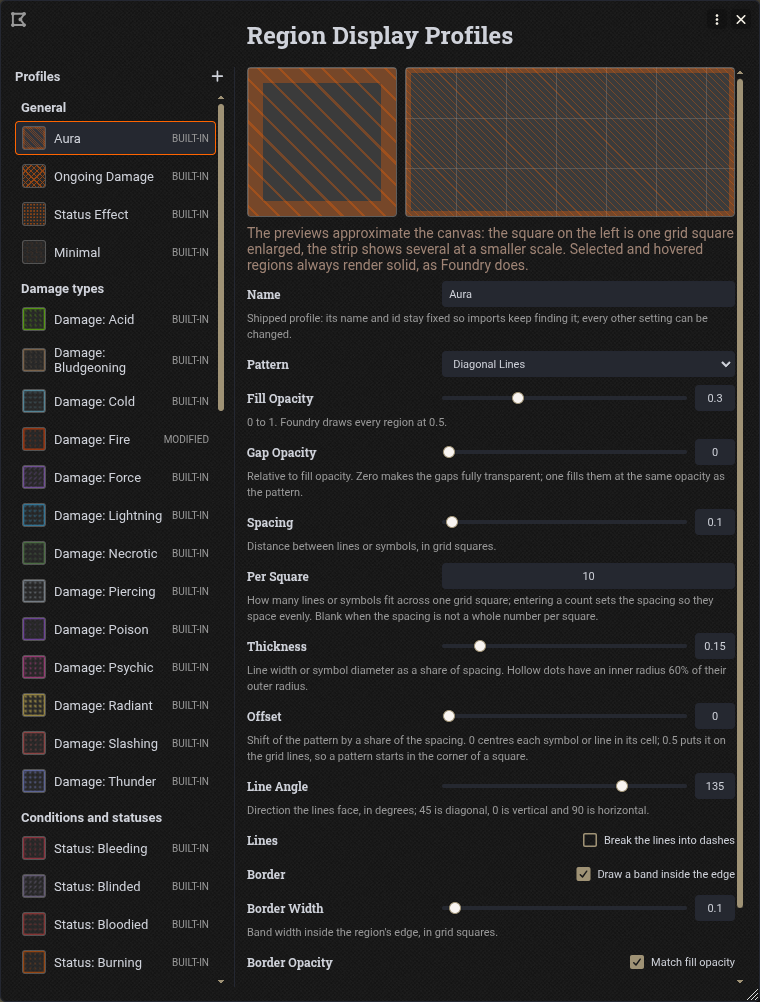 The profile editor showing the Aura profile