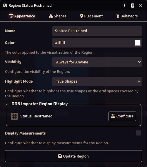 The DDB Importer Region Display box in the region config