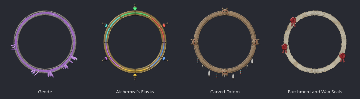 Geode, alchemist's flasks, carved totem and parchment rings