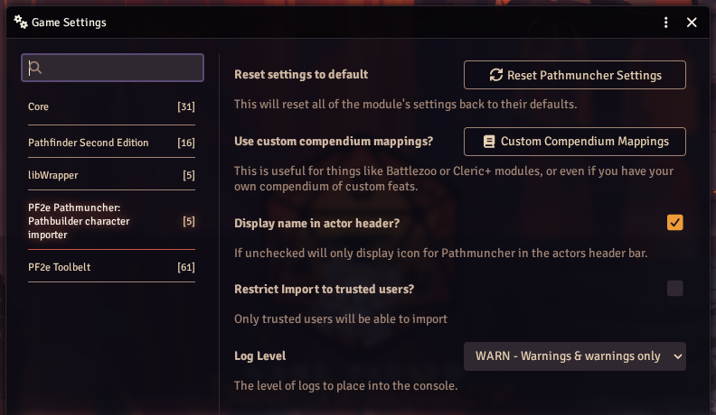 Pathmuncher's settings