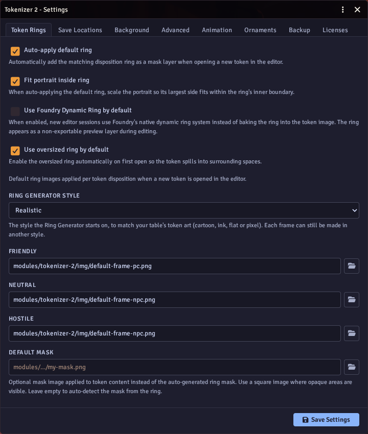 The settings window
